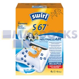 Kit de filtres et sacs SMS compatibles type Swirl S67 pour Bosch Siemens type D, E, F, G, H Activa, Alpha, Kids & et Fun, Super VS (paquet de 4 + 1)