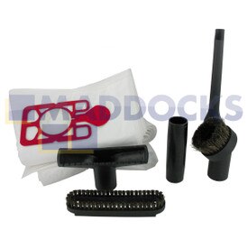 Kit d'entretien Numatic NM275 'Spruce Up' contenant une brosse tous usagtes avec accessoire pour brosse à poils durs amovible, suceur, plumeau ronde à poils durs et tuyau d'adaptateur et 10 x sacs SMS NVM-1CH