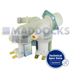 Électrovanne d'eau compatible 3 voies 180°, diamètre interne de sortie : 10,5 mm, Capacité : 10 l/mn, connecteurs : languettes, Volt / Hz : 220/240 V - 50/60 Hz
