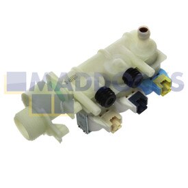 Électrovanne pour séries Indesit, Hotpoint BHWD, BWD, CAWD, CDE, IWDE (3 voies 90°, diamètre interne : 10 mm, Capacité : 7 l/mn, Connecteurs : RTS2,5, Volt / Hz : 220/240 V - 50/60 Hz)